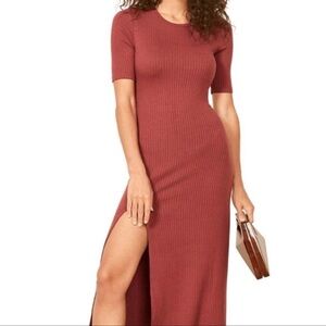 Reformation Jeans Olympia Ribbed Midi Rust Sweater Dress XS Capsule Classic